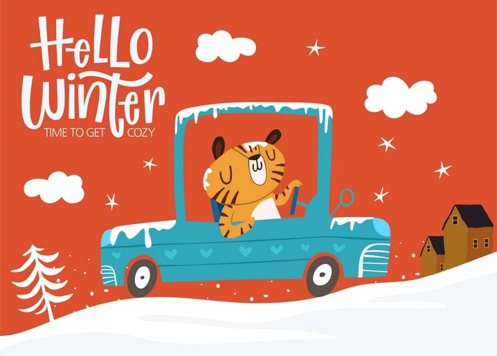 Tiger cub driving a snow-covered car past falling stars, with “Hello Winter” lettering