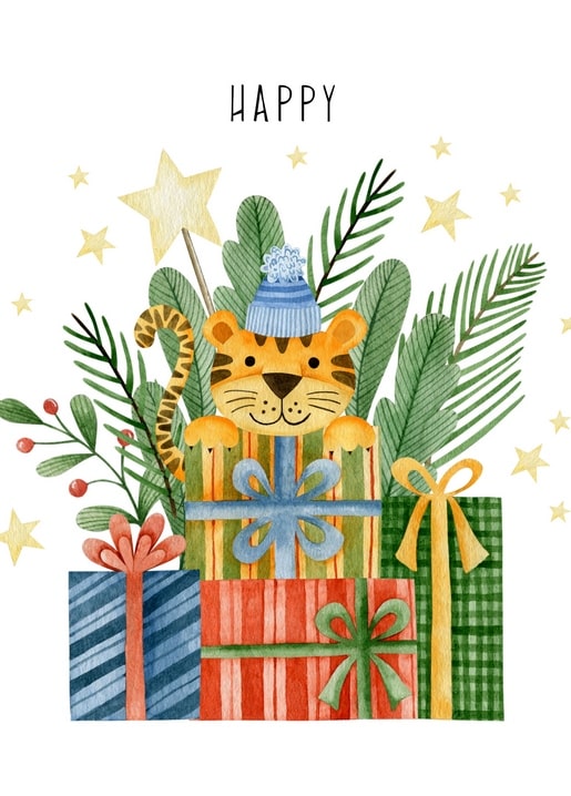 Aquarell-Tigerbaby in gestreifter Mütze zwischen Geschenken und goldenen Sternen