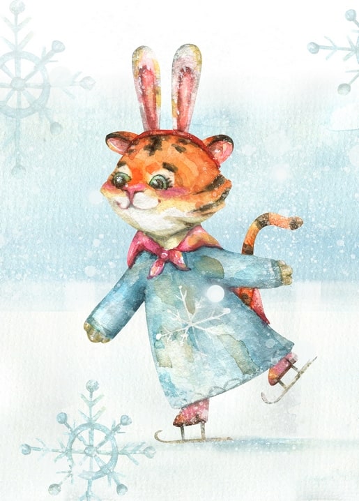 Aquarell-Tigerbaby mit Hasenohren beim Schlittschuhlaufen im Schnee