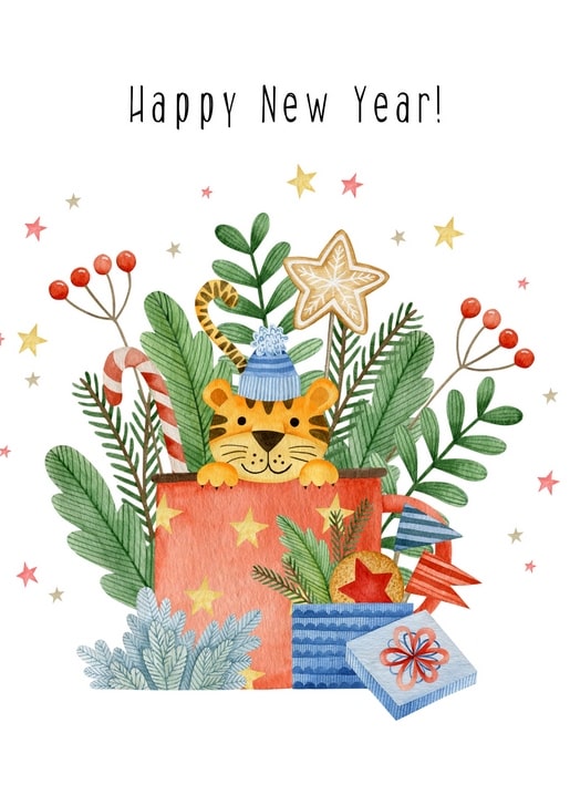Aquarell-Tigerbaby in roter Geschenkbox mit Zuckerstange und Sternkeks