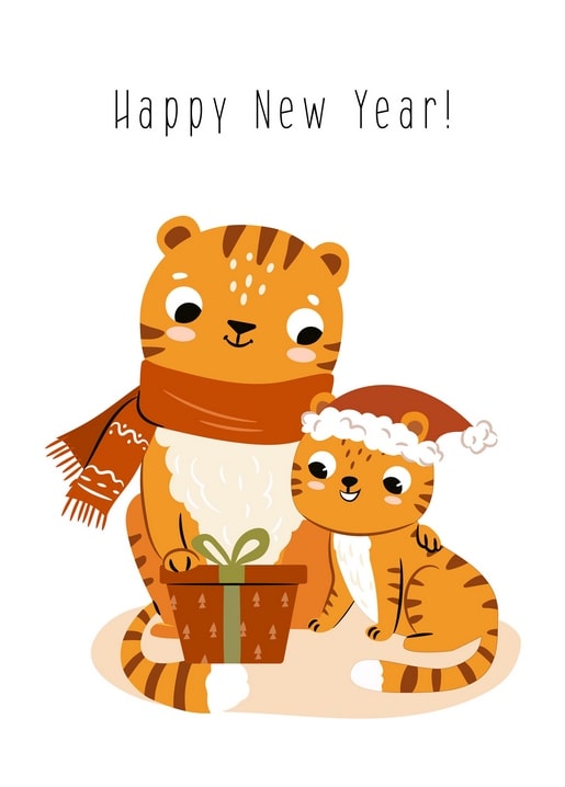 Illustrierter Tiger und Tigerbaby mit Nikolausmütze und Geschenk, Postkarte 'Happy New Year'