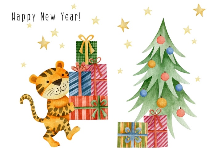 Tiger trägt Geschenke zu einem Weihnachtsbaum, darüber der Schriftzug „Happy New Year!“