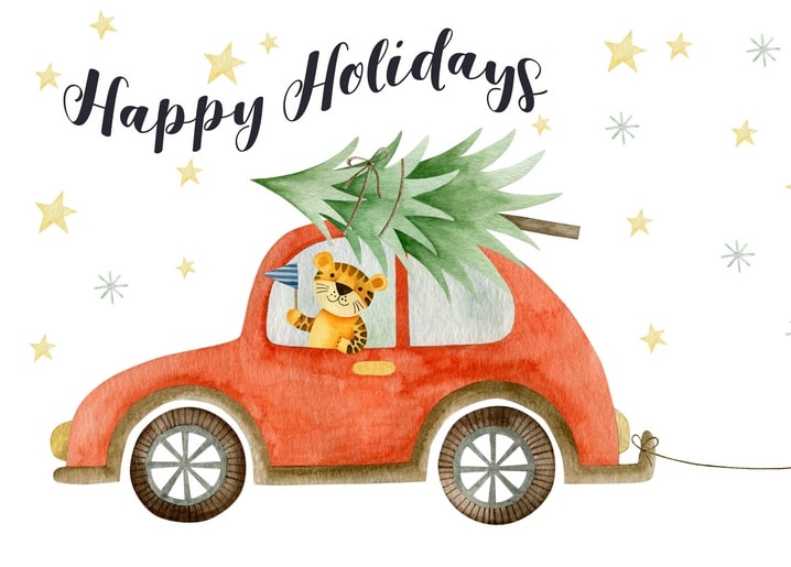 Tigerbaby fährt ein rotes Auto mit Weihnachtsbaum auf dem Dach unter fallenden Sternen