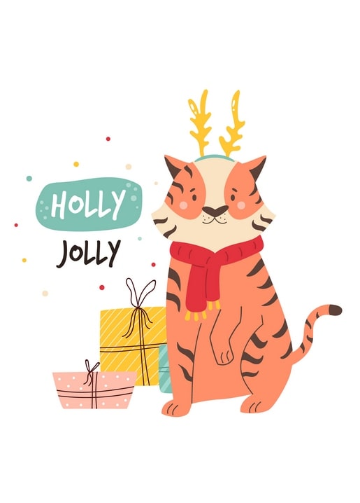 Illustrated tiger wearing reindeer antlers and a red scarf beside wrapped gifts, with 'Holly Jolly' text.