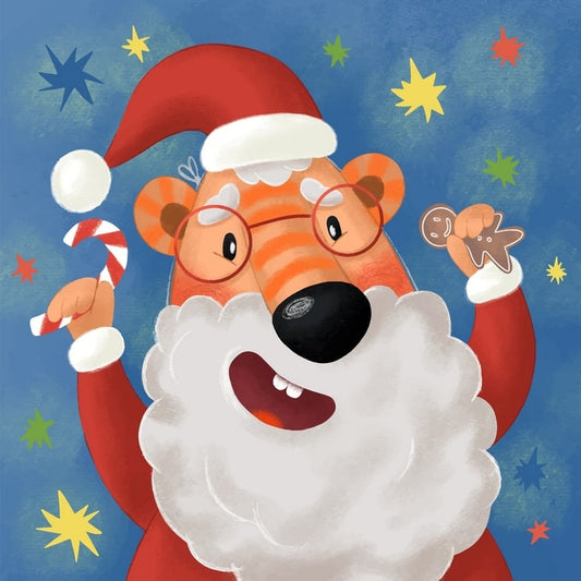 Tiger dressed as Santa holding a candy cane and gingerbread cookie