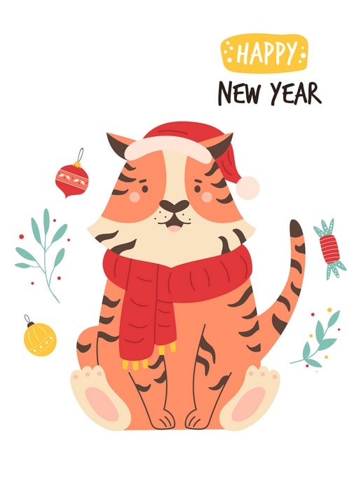 Illustrated tiger in a red Santa hat and scarf beside ornaments and candy, with 'Happy New Year' text.