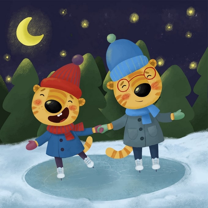 Two young tigers ice skating hand in hand in a moonlit snowy forest