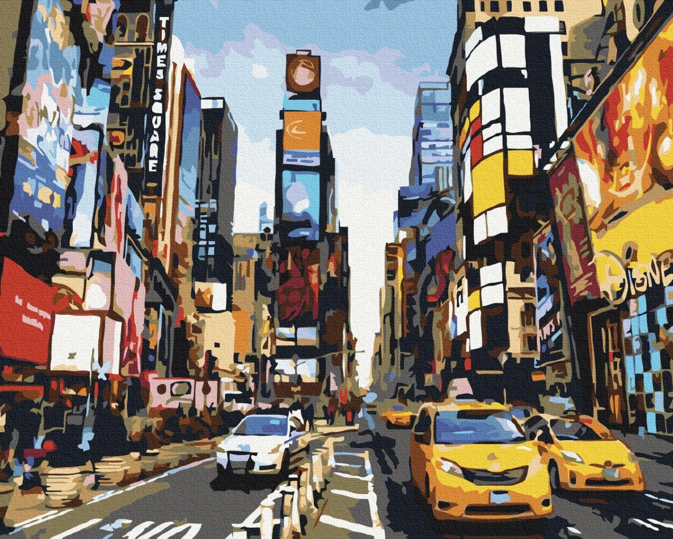 Paint-by-numbers canvas of Times Square by day with yellow cabs and skyscrapers