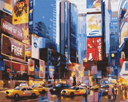 Paint-by-numbers canvas of Times Square at night with neon billboards and yellow taxis