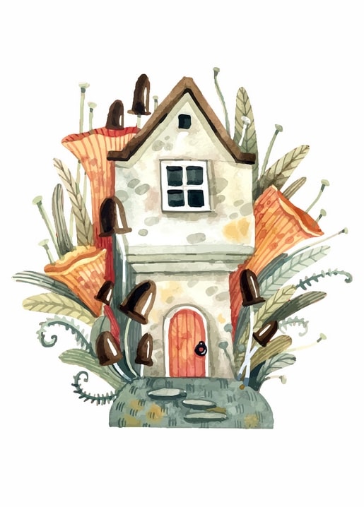 Watercolor stone cottage nestled among tall orange toadstools and curling ferns