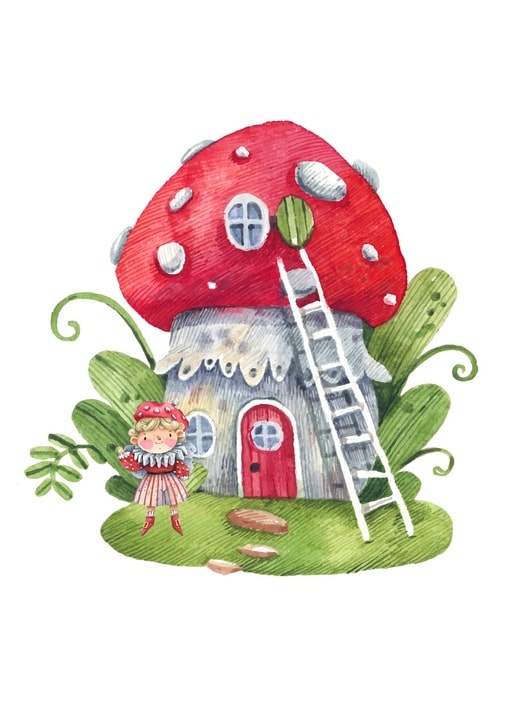 Watercolor toadstool cottage with round window and ladder beside a little gnome girl in a red kerchief