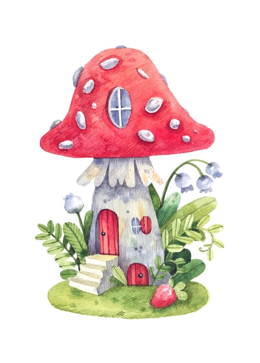 Watercolor toadstool cottage with round window and stone steps among lily of the valley and a strawberry