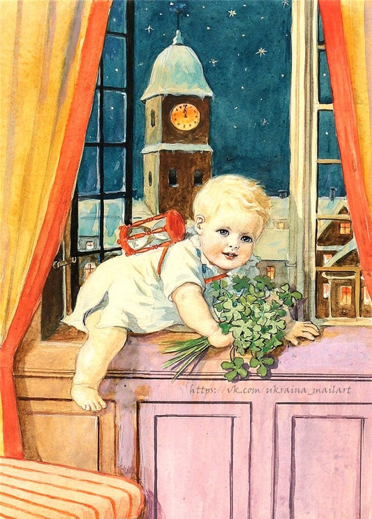 Illustration von Jenny Nyström: Kleinkind am Fensterbrett um Mitternacht mit Kleeblättern