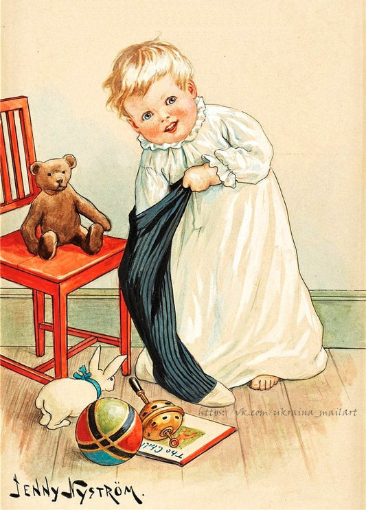 Illustration von Jenny Nyström: Kleinkind zieht Strumpf an, Teddybär sitzt auf rotem Stuhl
