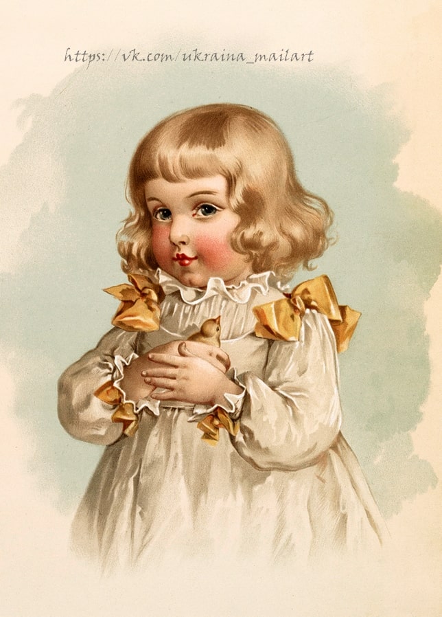 Вікторіанська ілюстрація: золотоволоса дитина в мереживній сукні з золотистими бантами тримає пухнасте жовте курча.