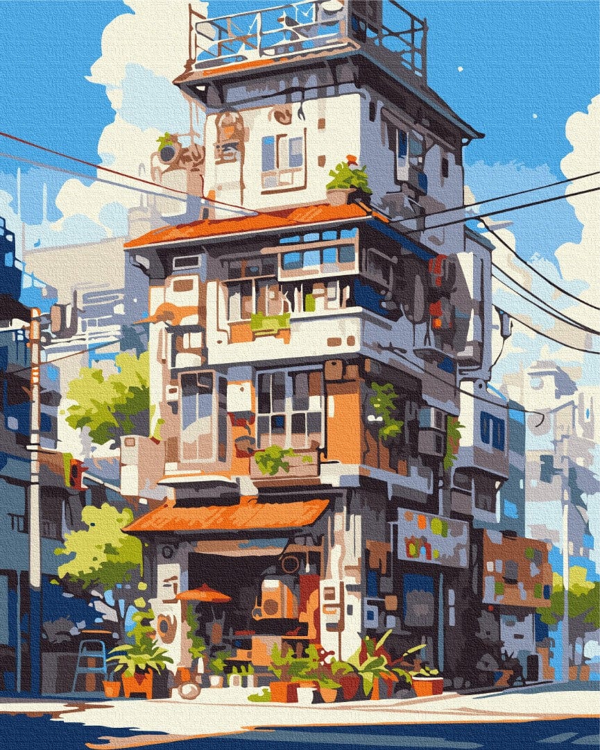 Tokyo apartment building with balcony plants and a street-level shop