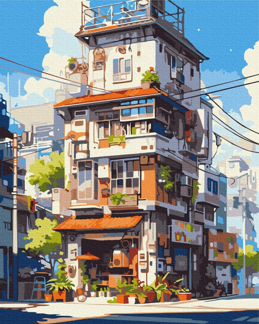 Tokyo apartment building with balcony plants and a street-level shop