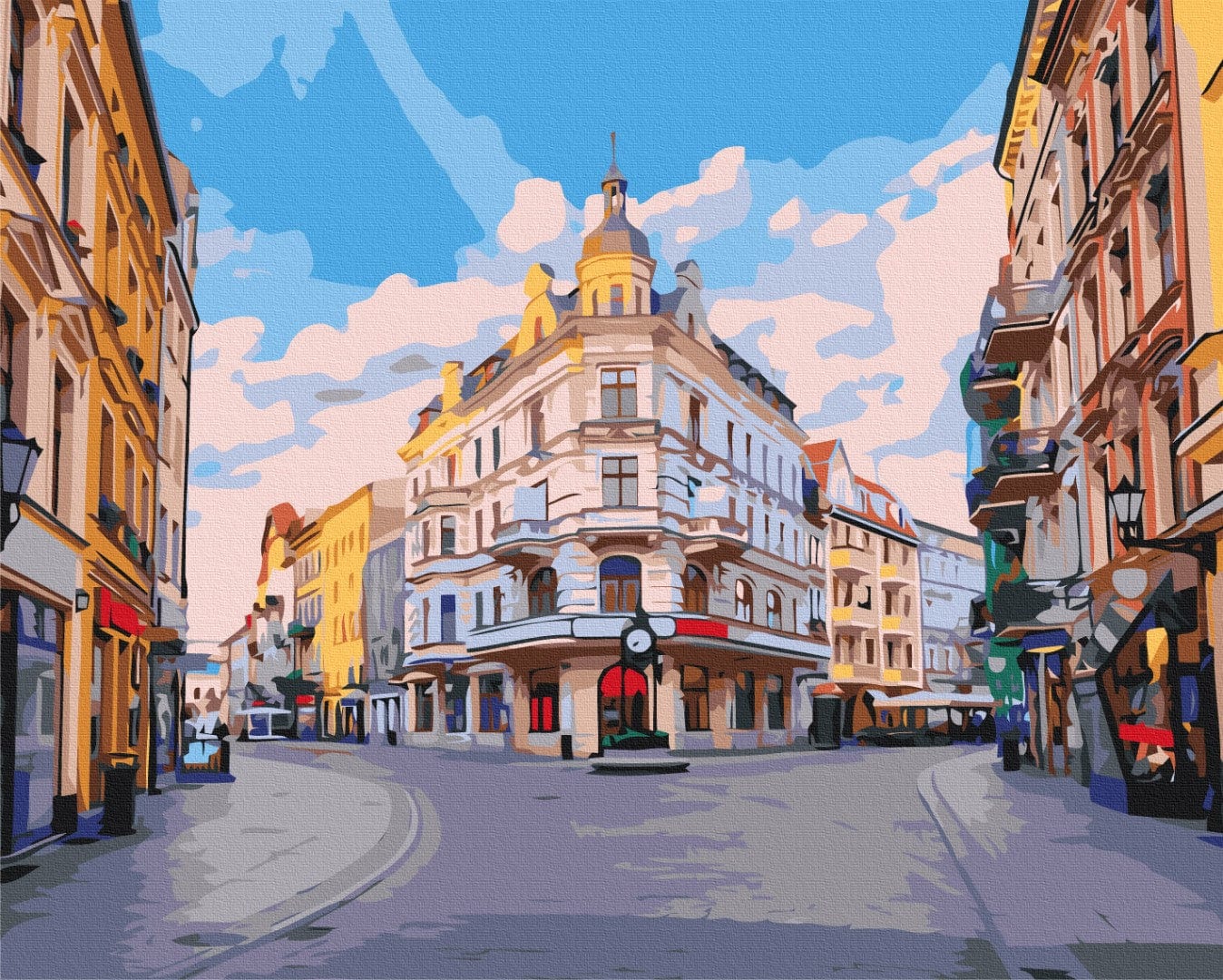 Illustration of a turreted corner building in Toruń's Old Town under a blue sky with clouds