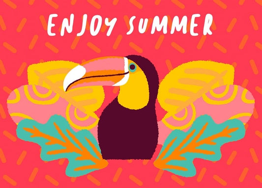 Teal, orange and burgundy toucan illustration on a hot-pink dashed background