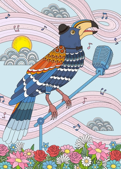 Illustrierter Tukan mit Melone singt in ein Vintage-Mikrofon zwischen Rosen und Pastellwellen