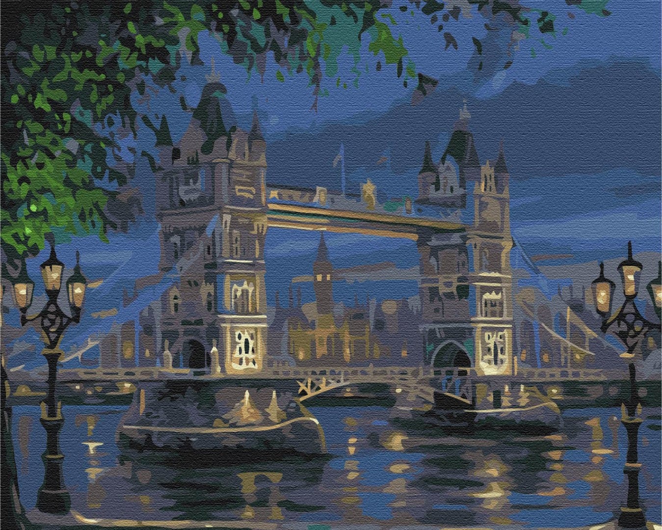 Tower Bridge illuminated at night over the Thames, framed by tree branches and lamp posts