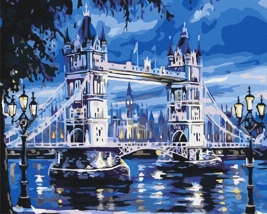 Tower Bridge illuminated at night over the Thames with glowing lampposts, paint-by-numbers canvas