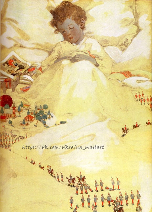 Illustration eines schlafenden Kindes, das von berittenen Zinnsoldaten auf der Bettdecke träumt.