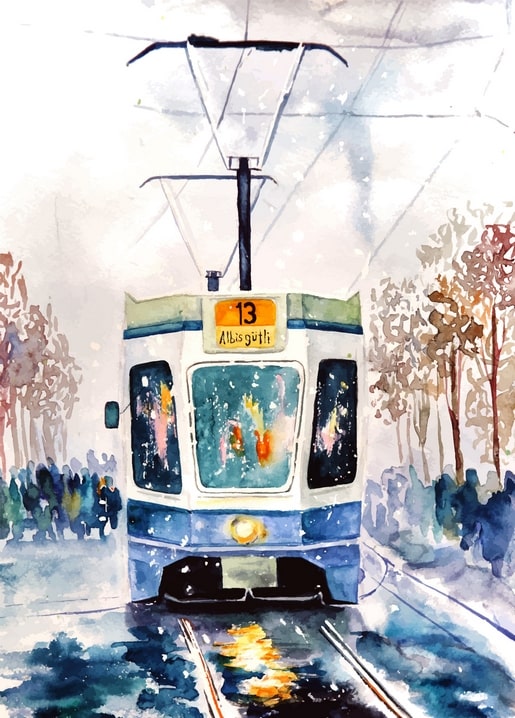 Aquarellillustration der Straßenbahn Linie 13 im Schnee bei Dämmerung
