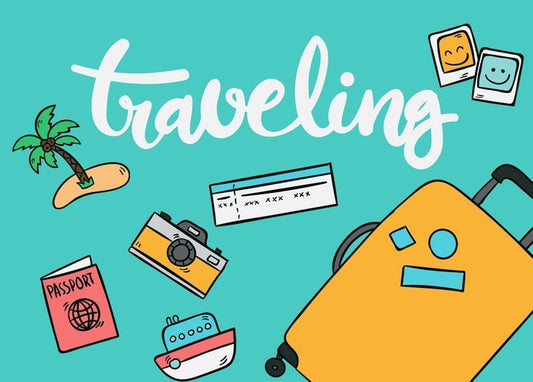 Teal postcard with travel doodles — suitcase, camera, passport, tickets and a cruise ship by a palm island