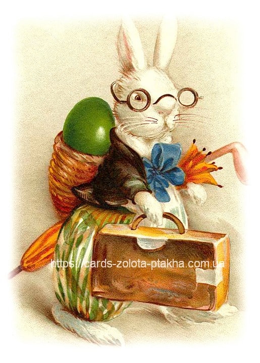 Illustrierter weißer Hase mit Koffer und Korb mit bemaltem Osterei