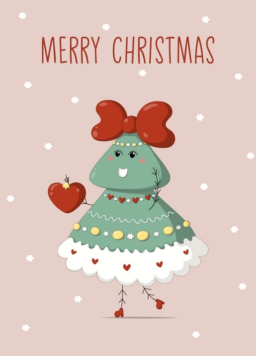 Tree character in ruffled dress and red bow holding a heart ornament, Merry Christmas postcard