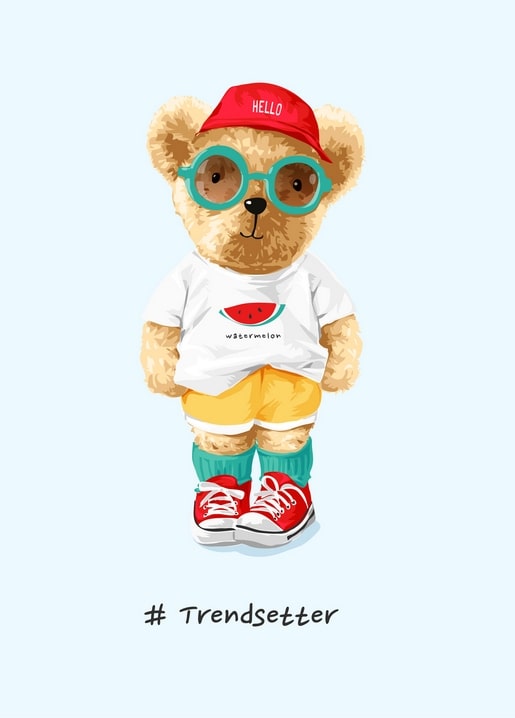 Teddybär mit Sonnenbrille, roter Cap und Wassermelonen-Shirt