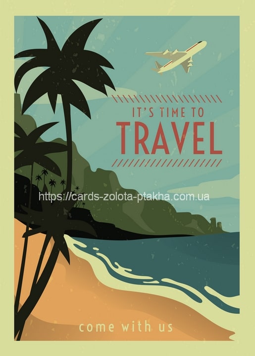 Retroposter mit Palmen, türkisfarbenen Wellen, Flugzeug und Schriftzug „Time to Travel“