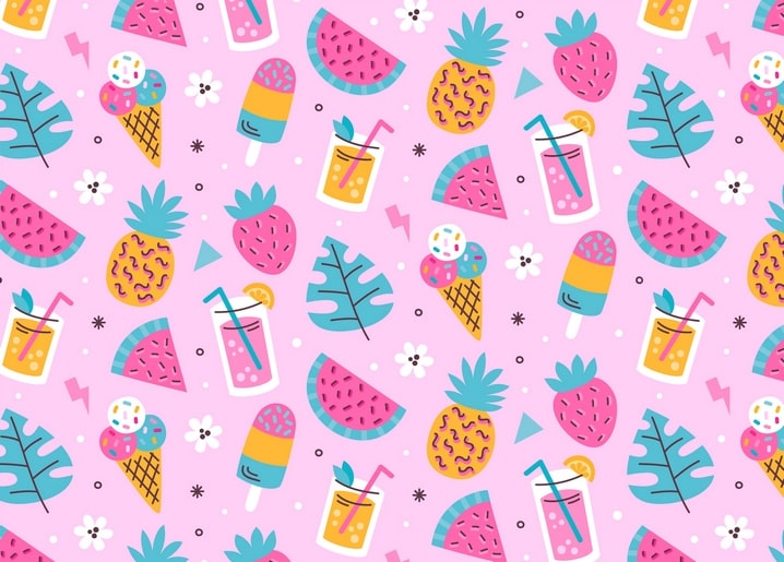 Seamless pink pattern with pineapples, watermelon, strawberries, ice cream cones and popsicles.
