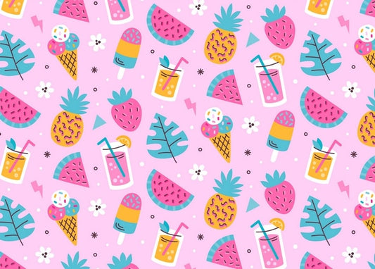 Seamless pink pattern with pineapples, watermelon, strawberries, ice cream cones and popsicles.