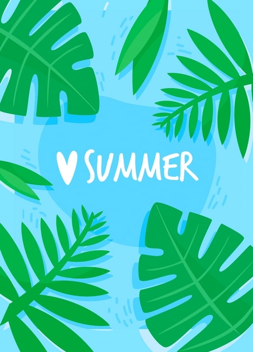 Blue postcard with monstera and palm leaves framing a heart and the word Summer