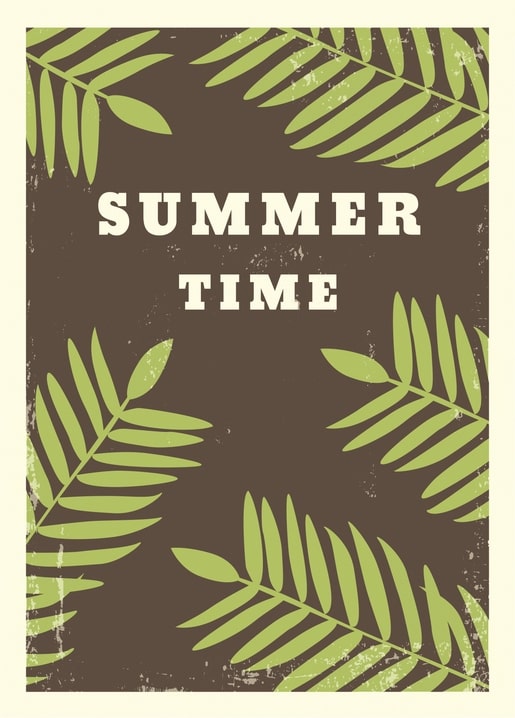 Dark green palm and fern fronds framing the words “Summer Time” on a brown postcard