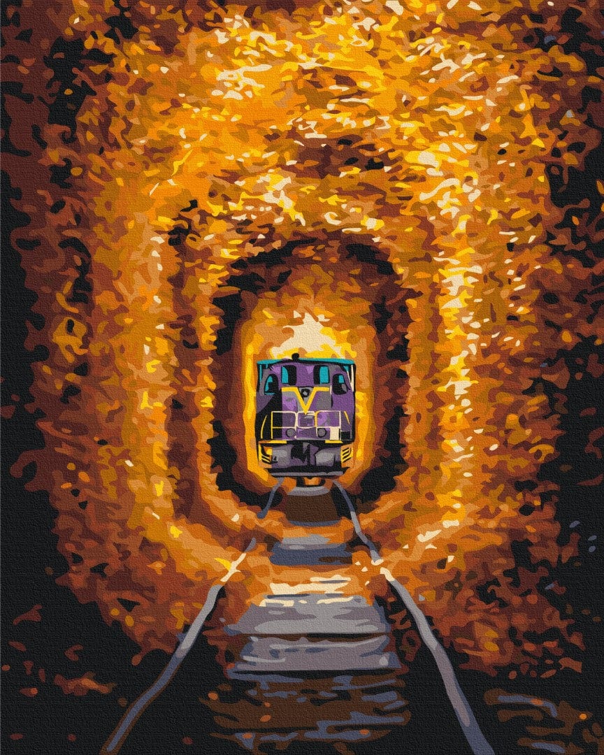 Zug fährt durch einen goldenen Herbst-Liebestunnel