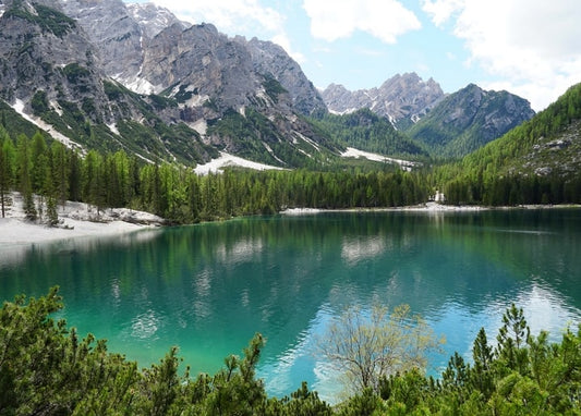 Türkisfarbener Alpensee, umgeben von Kiefernwald, unter zerklüfteten, schneebedeckten Gipfeln