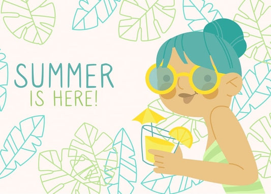 Illustrated girl with turquoise hair and yellow sunglasses sipping lemonade among tropical leaves.