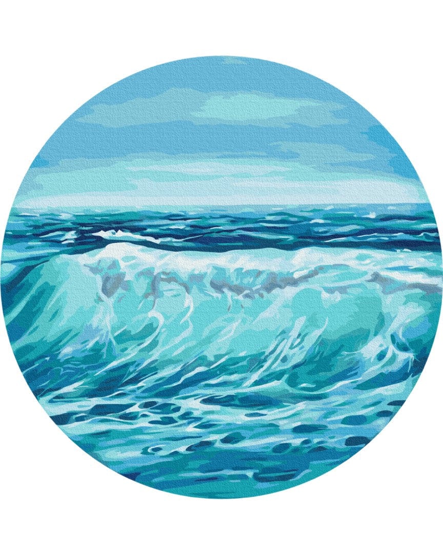 Round paint-by-numbers canvas of a breaking turquoise ocean wave