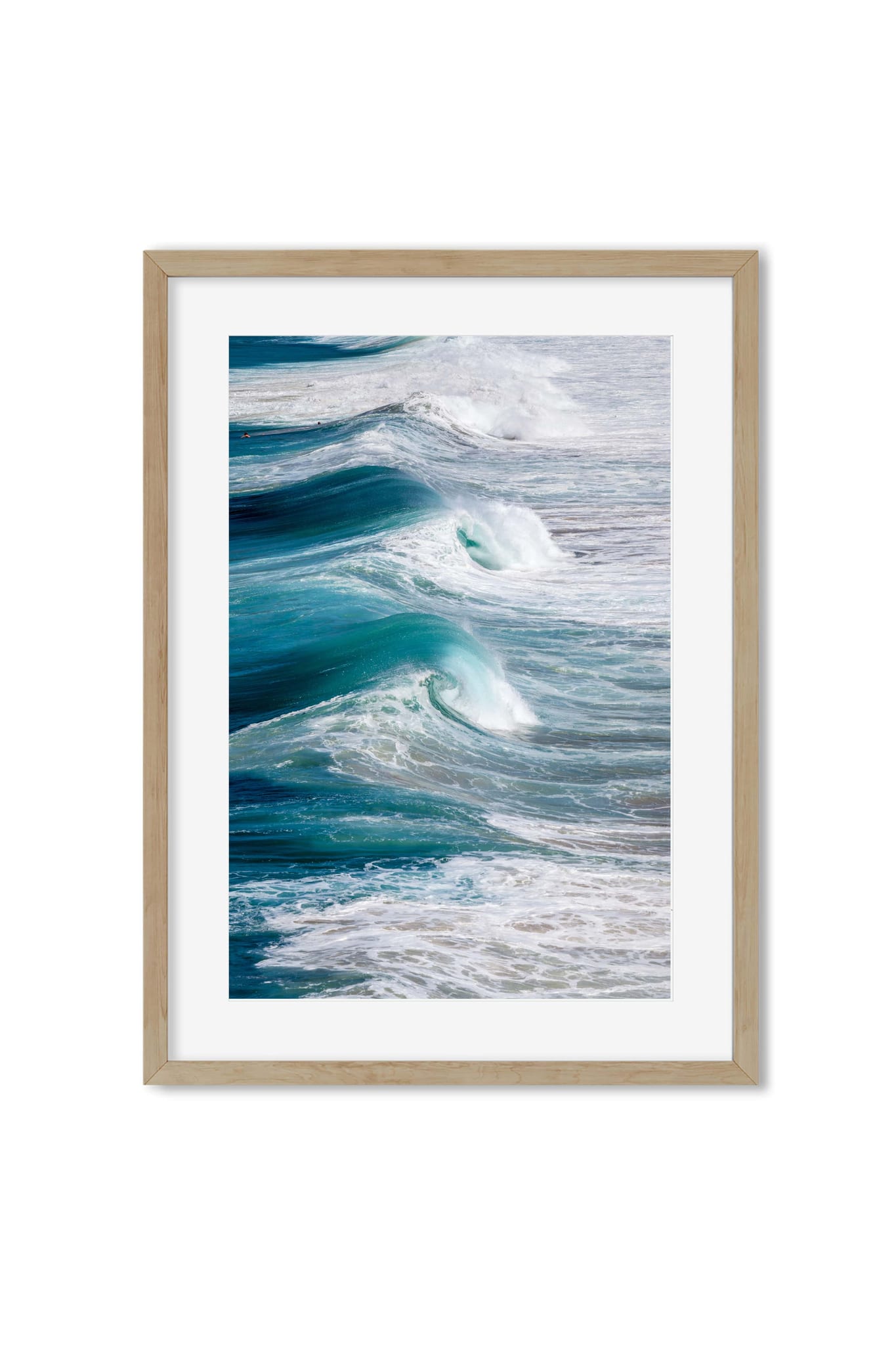 Framed poster of a close-up turquoise ocean wave breaking into foam