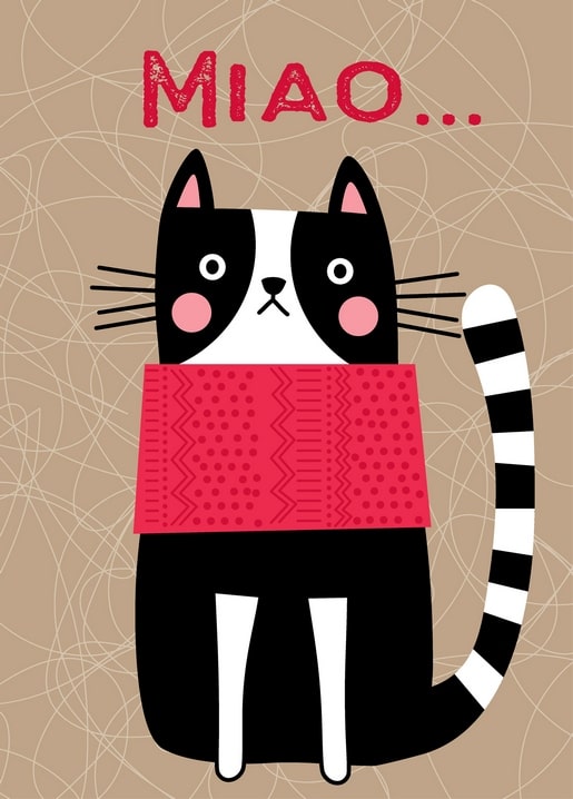 Schwarzweißer Kater in gestricktem rotem Pullover