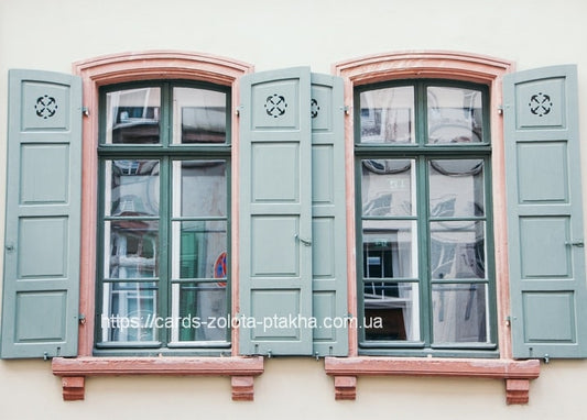 Zwei geöffnete Bogenfenster mit salbeigrünen Läden, dunkles Glas spiegelt Häuser der Straße.