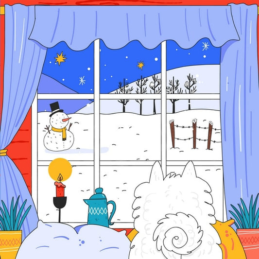 Illustrated postcard of two fluffy cats on a windowsill watching a snowman outside