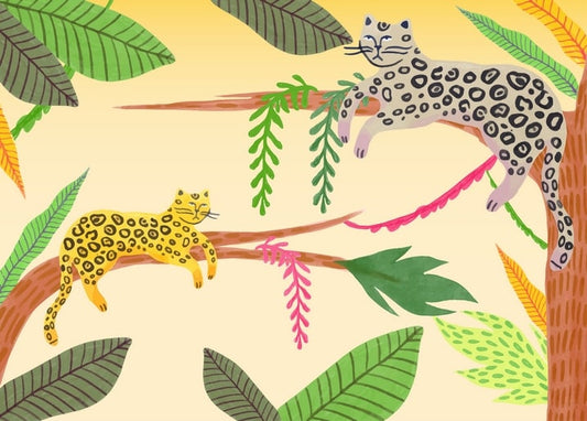 Illustrated postcard of two leopards, one grey and one golden, lounging on tree branches among tropical leaves.