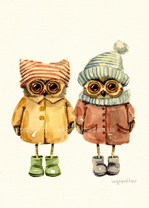 Two watercolor owls in raincoats, knit hats and boots standing side by side