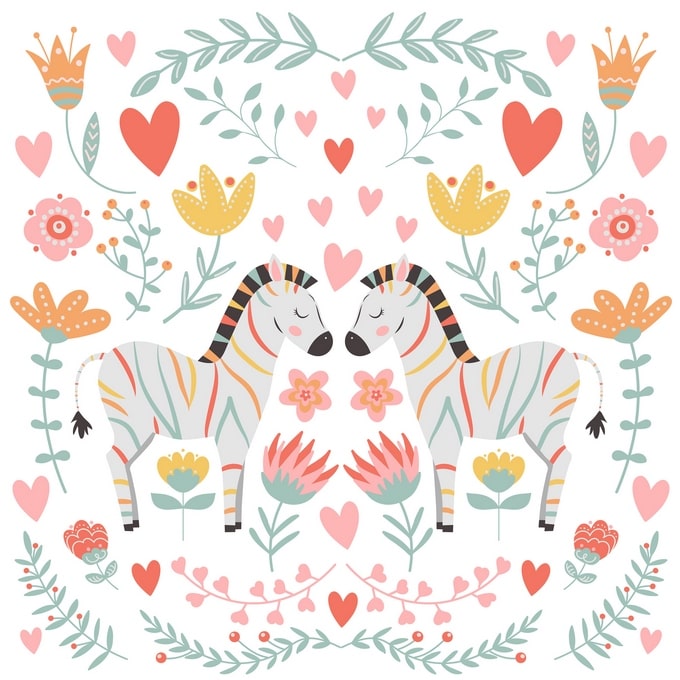 Zwei Zebras berühren sich mit den Nasen umgeben von Folk-Art-Blumen und Herzen