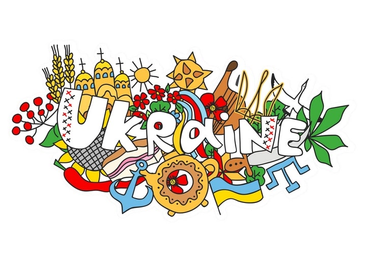 Bold “UKRAINE” lettering wreathed in viburnum, wheat, golden domes, poppies and the trident