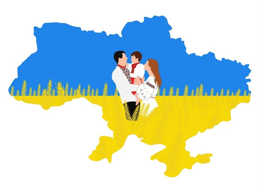 Ukraine-Silhouette in Blau und Gelb mit Familie in Wyschywanka inmitten eines Weizenfelds